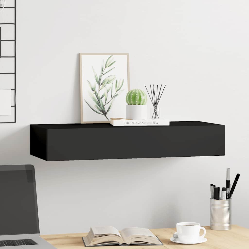 Wall Mounted Drawer Shelf Black MDF | Simpledeals