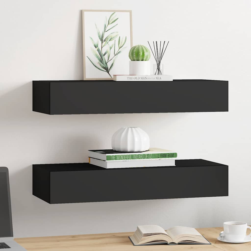 Wall Mounted Drawer Shelves Set 2 Black MDF | Simpledeals