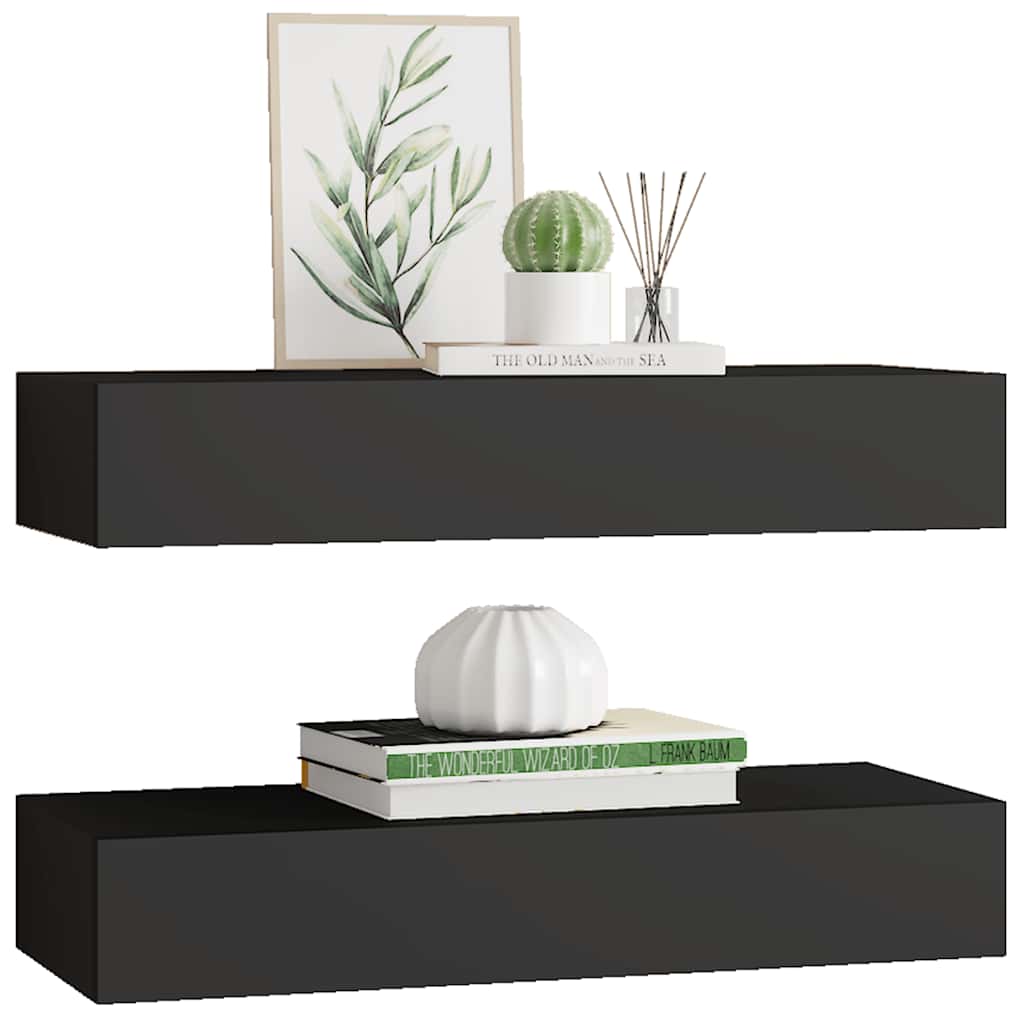 Wall Mounted Drawer Shelves Set 2 Black MDF | Simpledeals