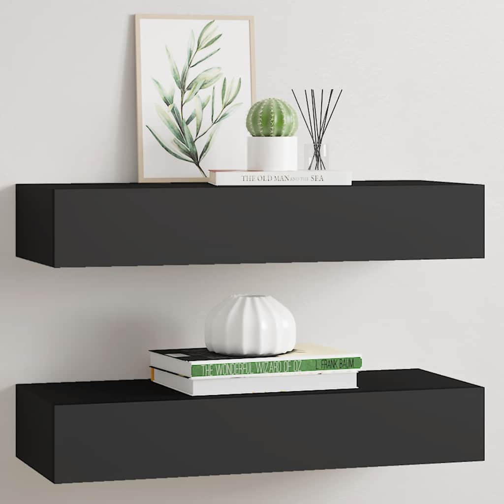 Wall Mounted Drawer Shelves Set 2 Black MDF | Simpledeals