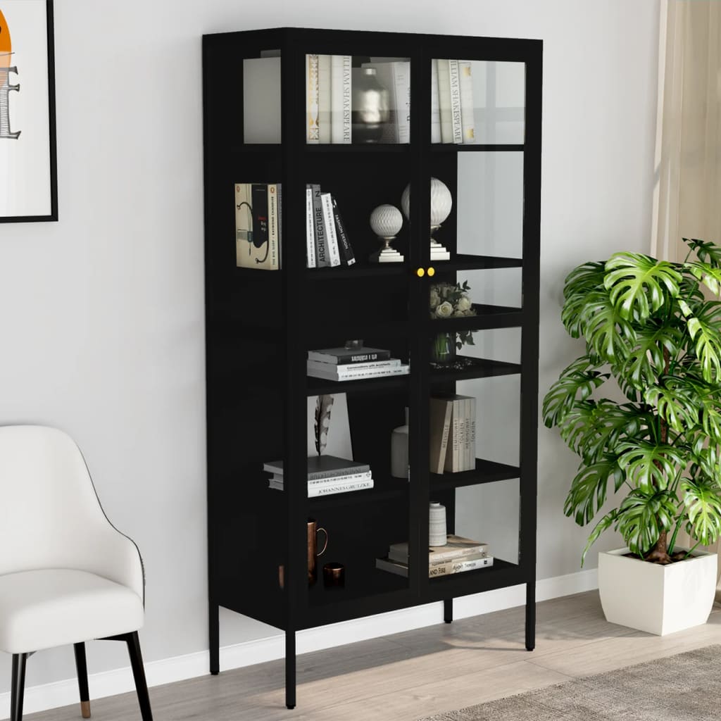 Black Steel Glass Display Cabinet 4 Shelves | Simpledeals