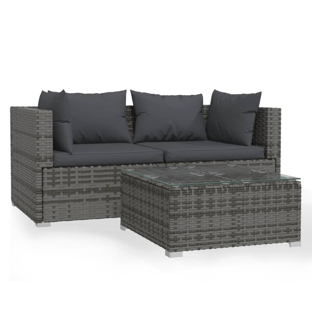 Grey colour - 3 Piece Garden Lounge Set with Cushions Grey Poly Rattan