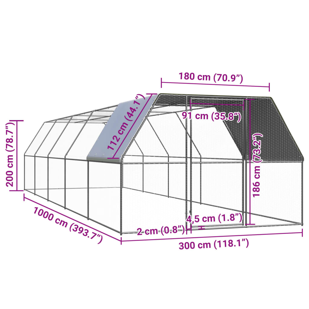 Galvanised Steel Chicken Run 3x10x2m Outdoor | Simpledeals