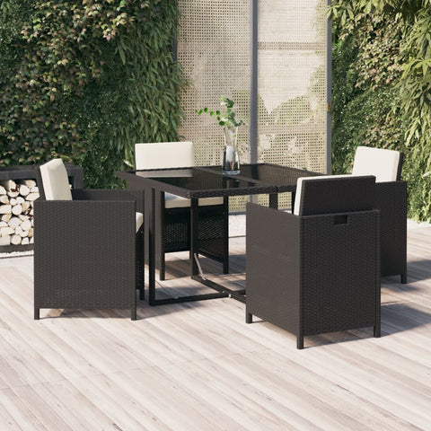Modern Elegance in Black: 5-Piece Poly Rattan Outdoor Dining Set with Cushions