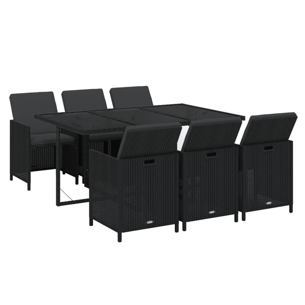 7 Piece Garden Dining Set with Cushions Poly Rattan Black