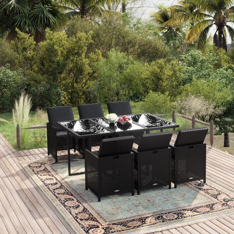 7 Piece Garden Dining Set with Cushions Poly Rattan Black