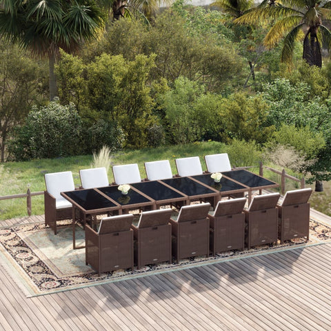 13 Piece Garden Dining Set with Cushions Poly Rattan Brown