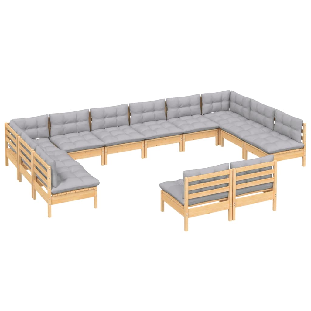 12 Piece Garden Outdoor Lounge Set With Grey Cushions Solid Pinewood