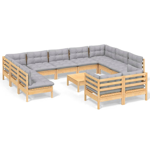 12 Piece Garden Lounge Set With Table & Grey Cushions Solid Pinewood