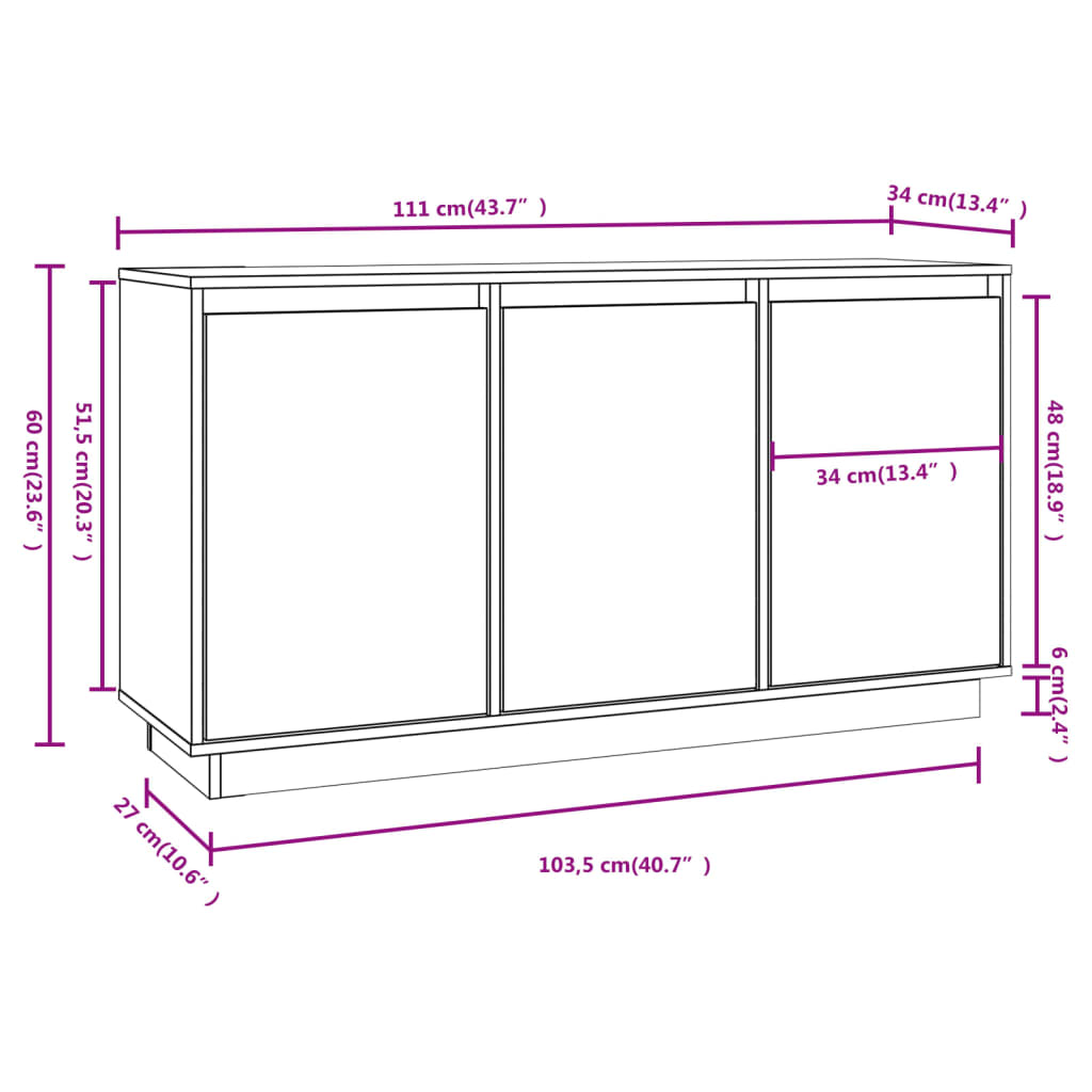 Solid Pine Wood Sideboard 111cm Storage Cabinet | Simpledeals