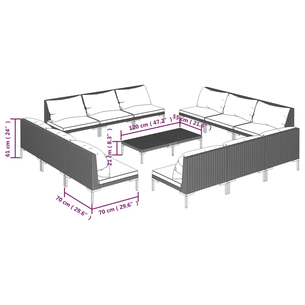 Garden Lounge Set with Cushions Poly Rattan Dark Grey 13 Piece