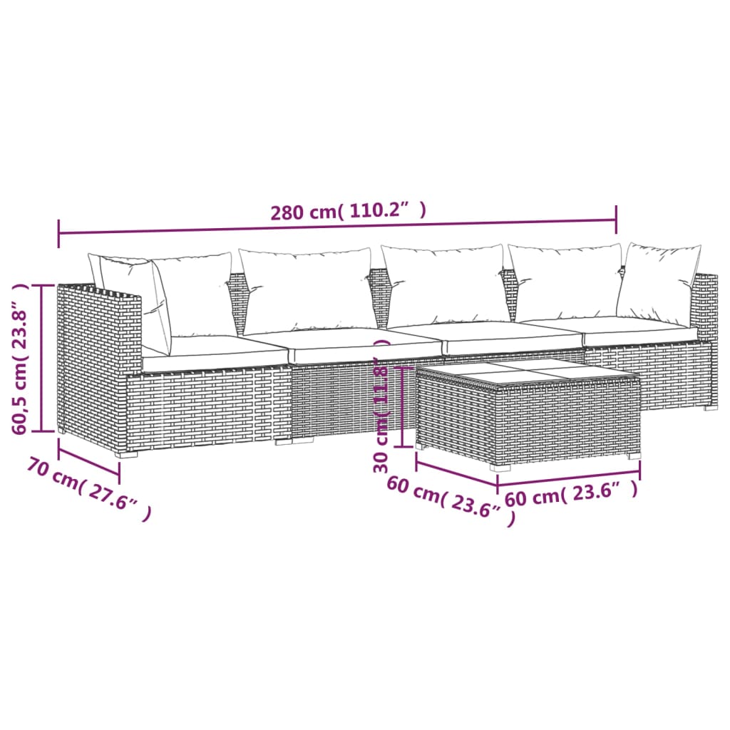 Coastal Comfort: 5-Piece Grey Poly Rattan Garden Lounge Set with Cushions