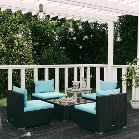 5 Piece Garden Lounge Set Black with Cushions Poly Rattan