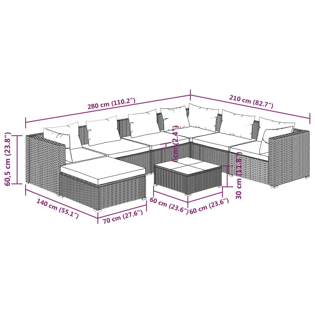 Elegant Rattan Oasis: 8-Piece Garden Lounge Set in Serene Grey with Plush Cushions
