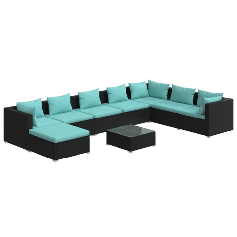 9 Piece Garden Lounge Set Black with Cushions Poly Rattan