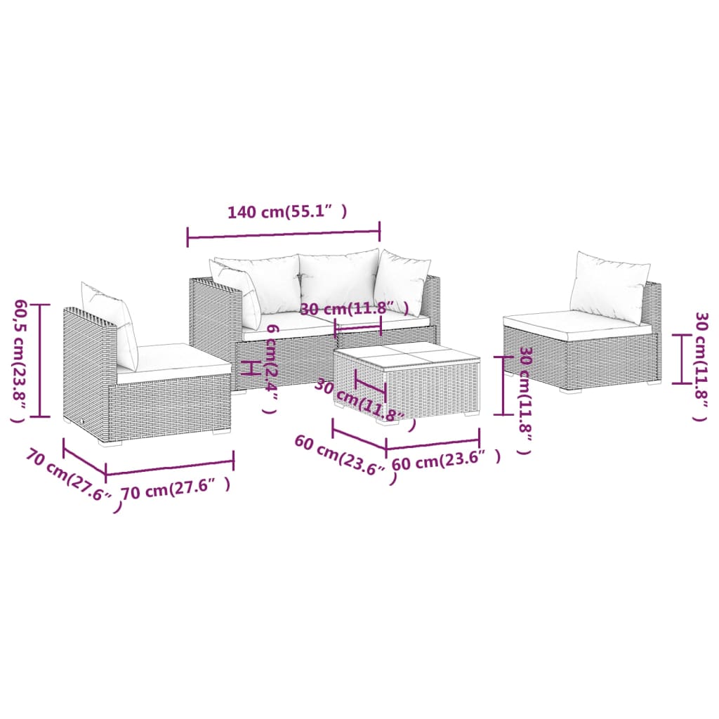 Urban Chic Comfort: 5-Piece Grey Poly Rattan Garden Lounge Set with Cushions