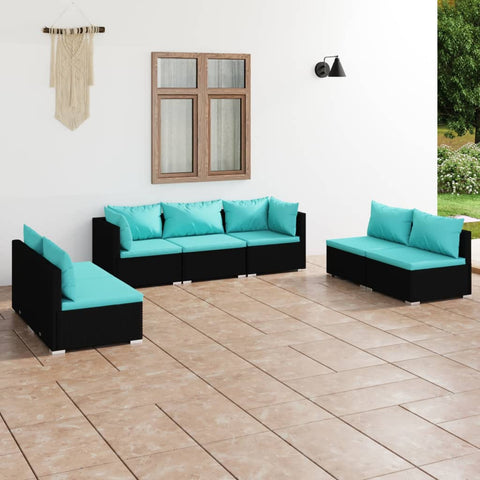 7 Piece Garden Lounge Set (Black) with Cushions Poly Rattan