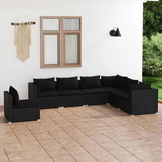 7 Piece Garden Lounge Set with Cushions Poly Rattan Black - Outdoor Furniture Sets