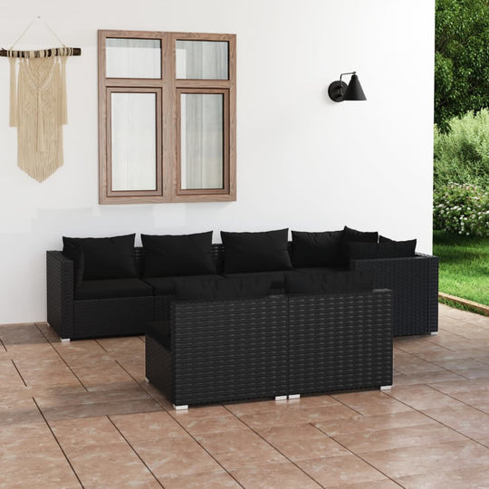 7 Piece Garden Lounge Set with Cushions Black Poly Rattan - Outdoor Furniture Sets
