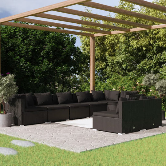8 Piece Garden Lounge Set with Cushions Black Poly Rattan - Outdoor Furniture Sets