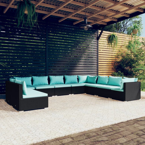 10 Piece Garden Lounge Set Black with Cushions Poly Rattan