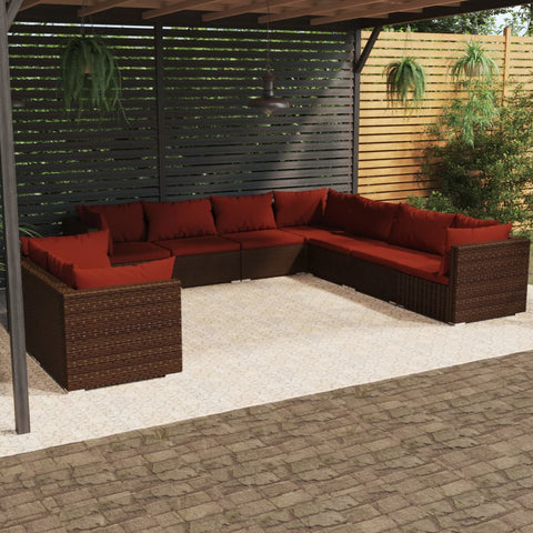 9 Piece Garden Lounge Set Brown with Cushions Poly Rattan
