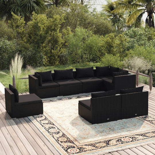 8 Piece Garden Lounge Set with Cushions Poly Rattan Black - Outdoor Furniture Sets