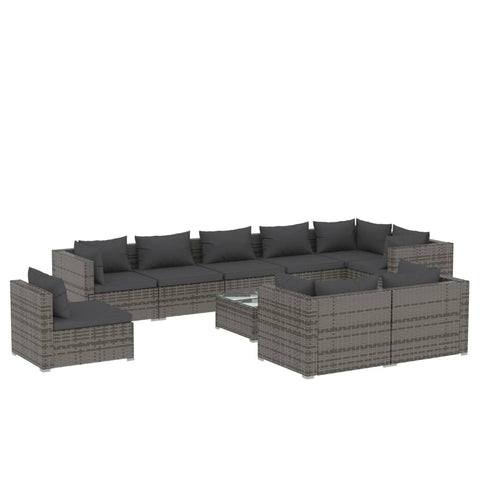 Modern Comfort Oasis: 10-Piece Grey Poly Rattan Garden Lounge Set with Plush Cushion