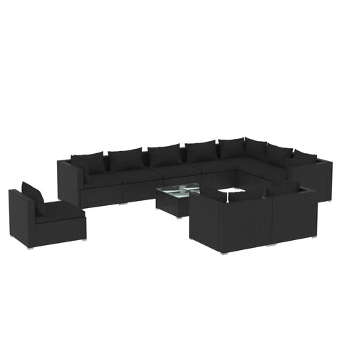 Noir Rattan Luxury: 11-Piece Black Poly Rattan Garden Lounge Set with Plush Cushions