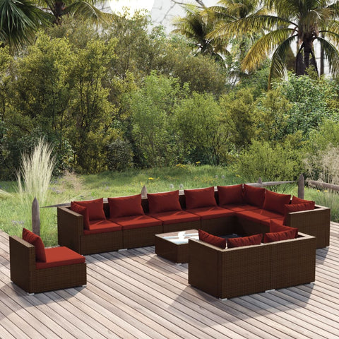 11 Piece Garden Lounge Set Brown with Cushions Poly Rattan