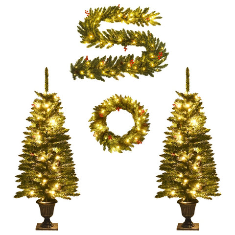Artificial Christmas Trees 2 pcs with Wreath, Garland and LEDs