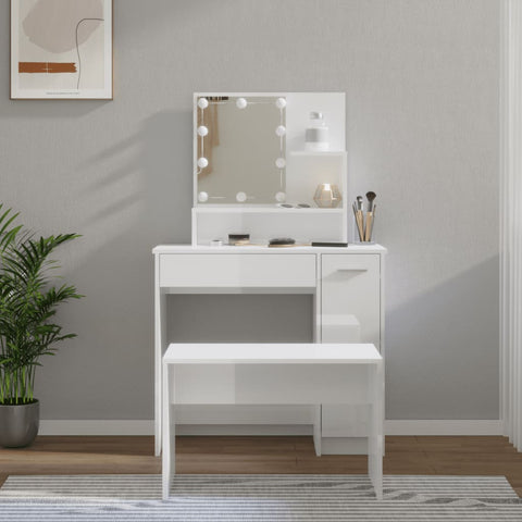 Dressing Table Set with LED High Gloss White - Engineered Wood