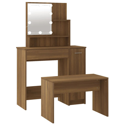Dressing Table Set with LED Brown Engineered Wood