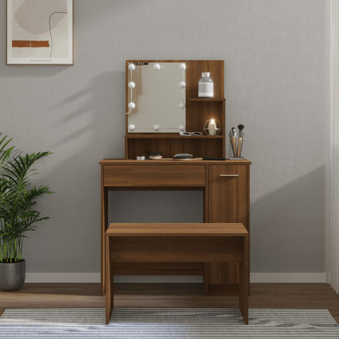Dressing Table Set with LED Brown Engineered Wood