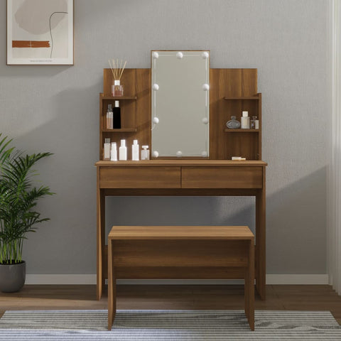 Dressing Table Set with LED Brown Wood
