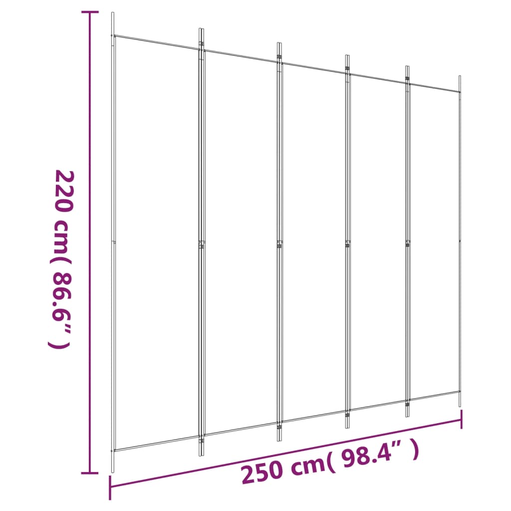 5-Panel Room Divider 250x220cm White Fabric | Simpledeals