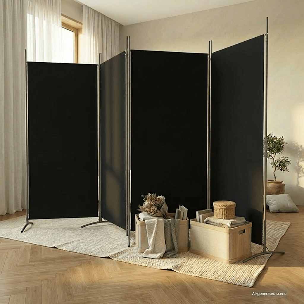 4-Panel Room Divider Black Fabric 346x180cm | Simpledeals