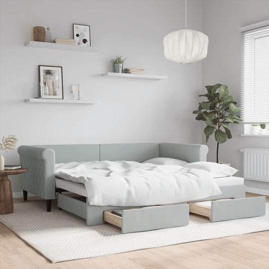 Light Grey Daybed with Trundle and Drawers Velvet Solid Wood