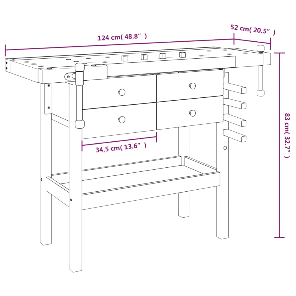 Acacia Wood Workbench Drawers Vices 124cm | Simpledeals