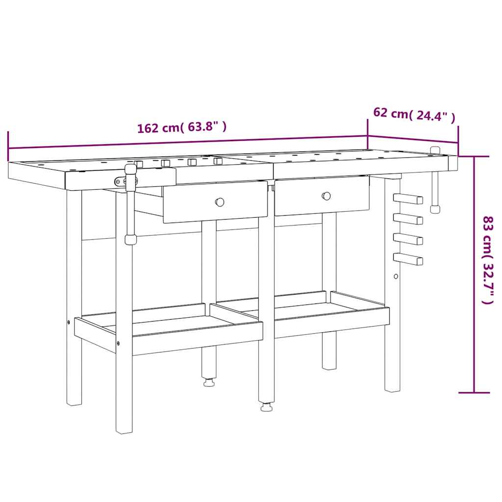 Acacia Solid Wood Workbench Drawers Vices 162cm | Simpledeals