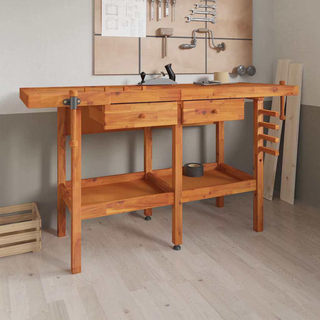 Acacia Solid Wood Workbench Drawers Vices 162cm | Simpledeals