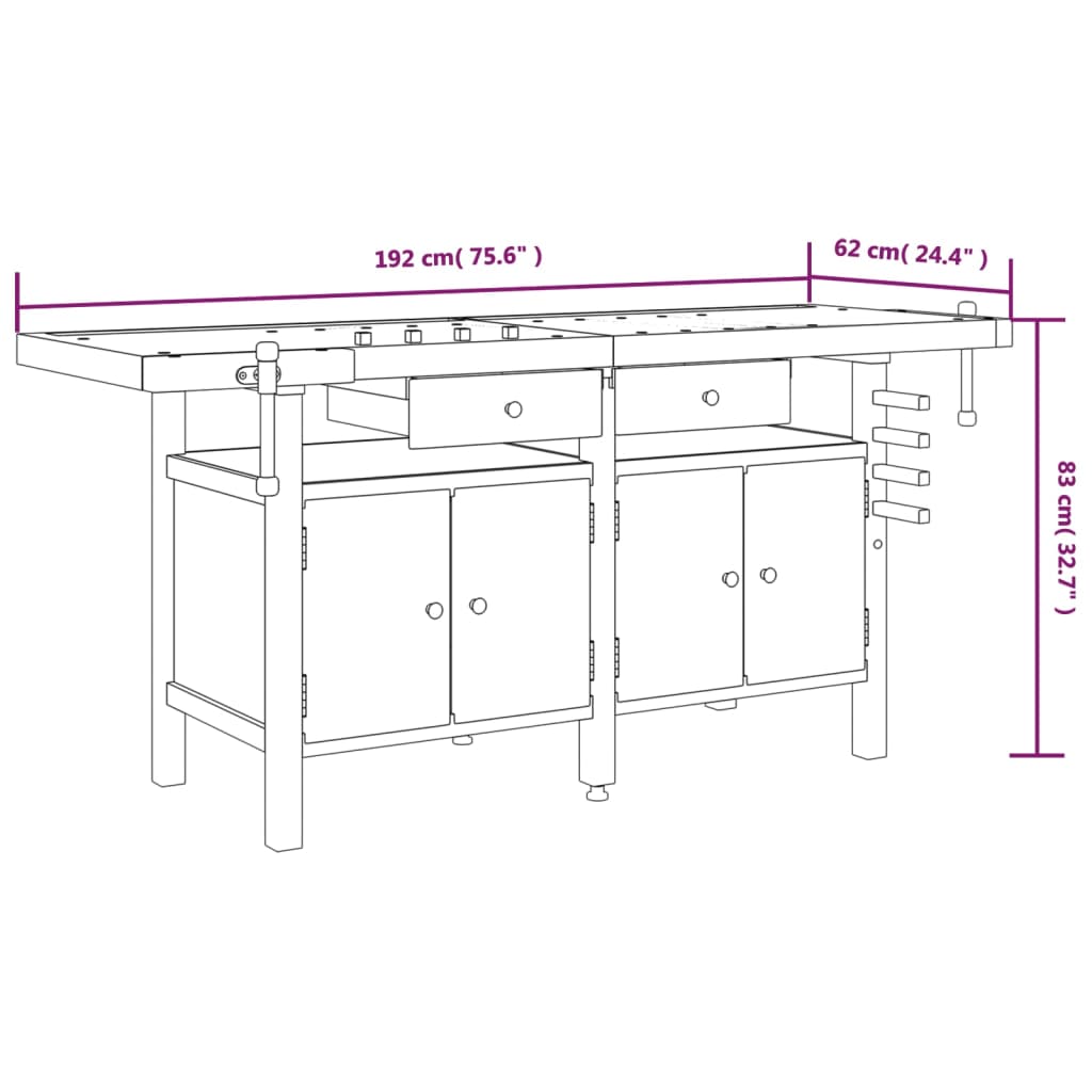 Acacia Wood Workbench Drawers Vices 192cm | Simpledeals
