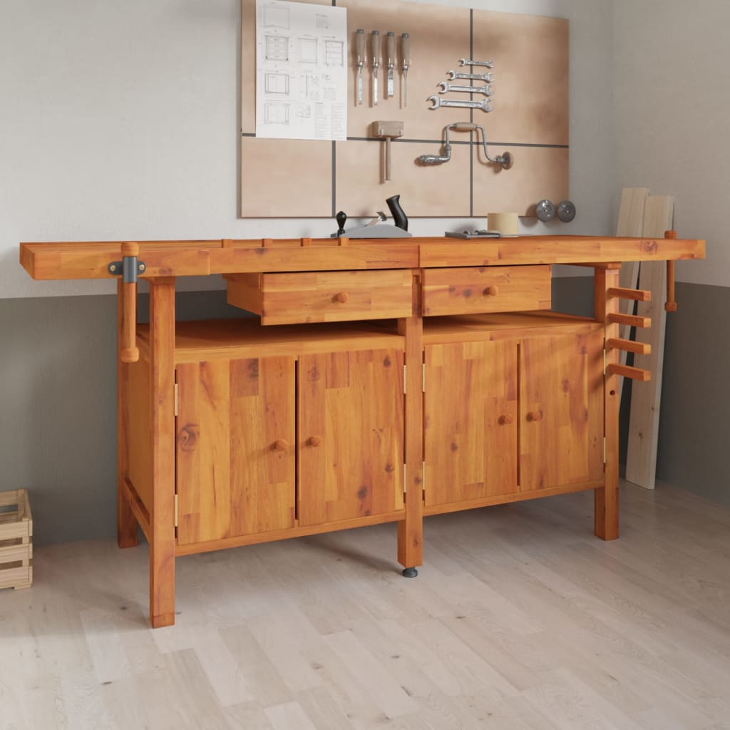 Acacia Wood Workbench Drawers Vices 192cm | Simpledeals