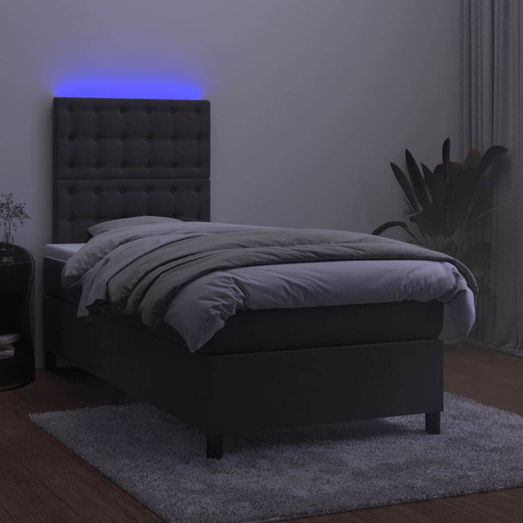 Dark Grey King Single Box Spring Bed with Velvet Pocket Spring Mattress and LED Lights
