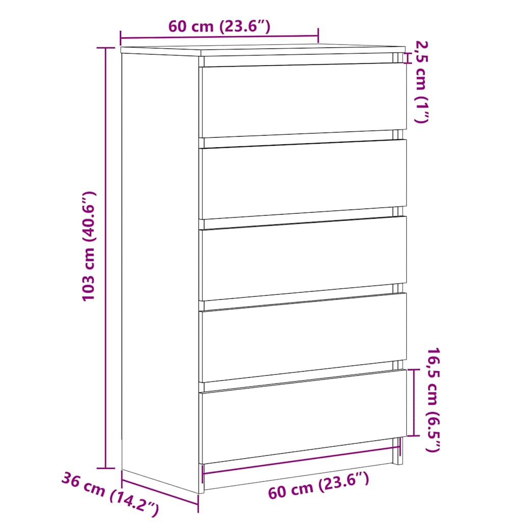 White Drawer Cabinet 5 Drawer Tallboy 103cm | Simpledeals