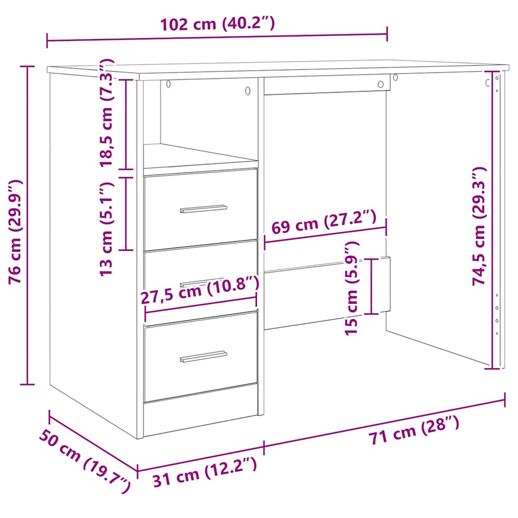Sonoma Oak Desk 3 Drawers Home Office 102cm | Simpledeals