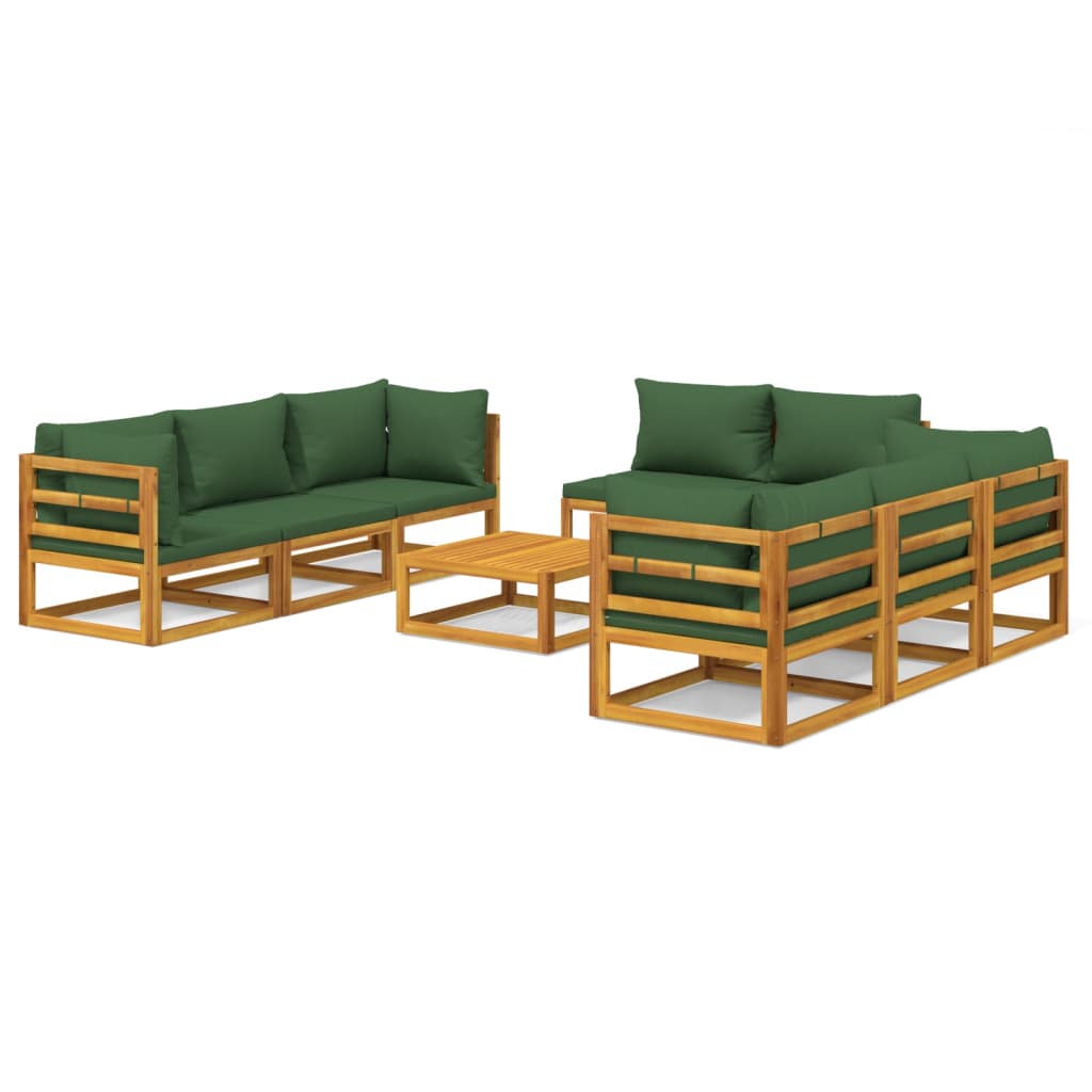 9-Pcs Solid Wood Garden Lounge with Green Cushions