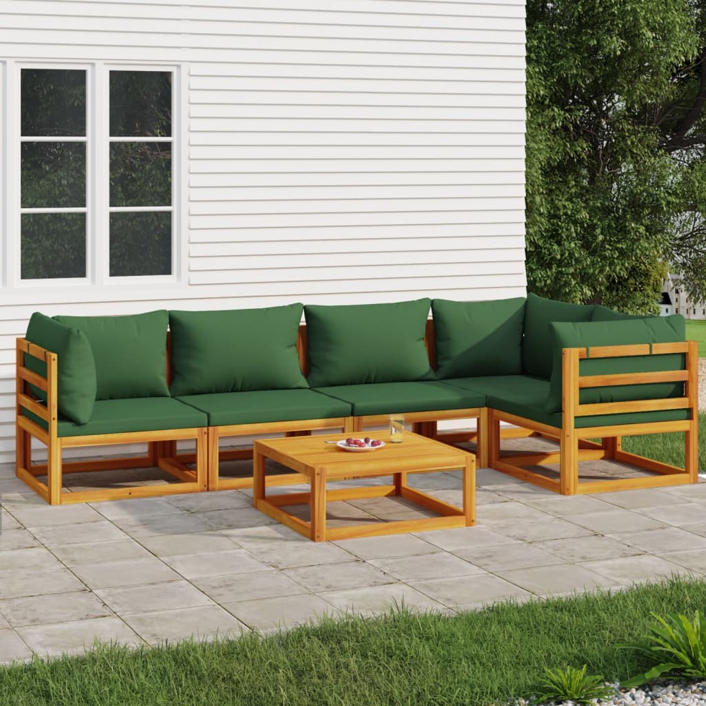 Sylvan Serenity: 6-Piece Solid Wood Garden Lounge with Green Cushions