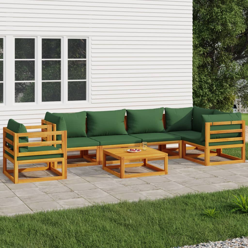 Lush Leaf Lounge Legacy: 7-Piece Solid Wood Garden Set with Green Cushions