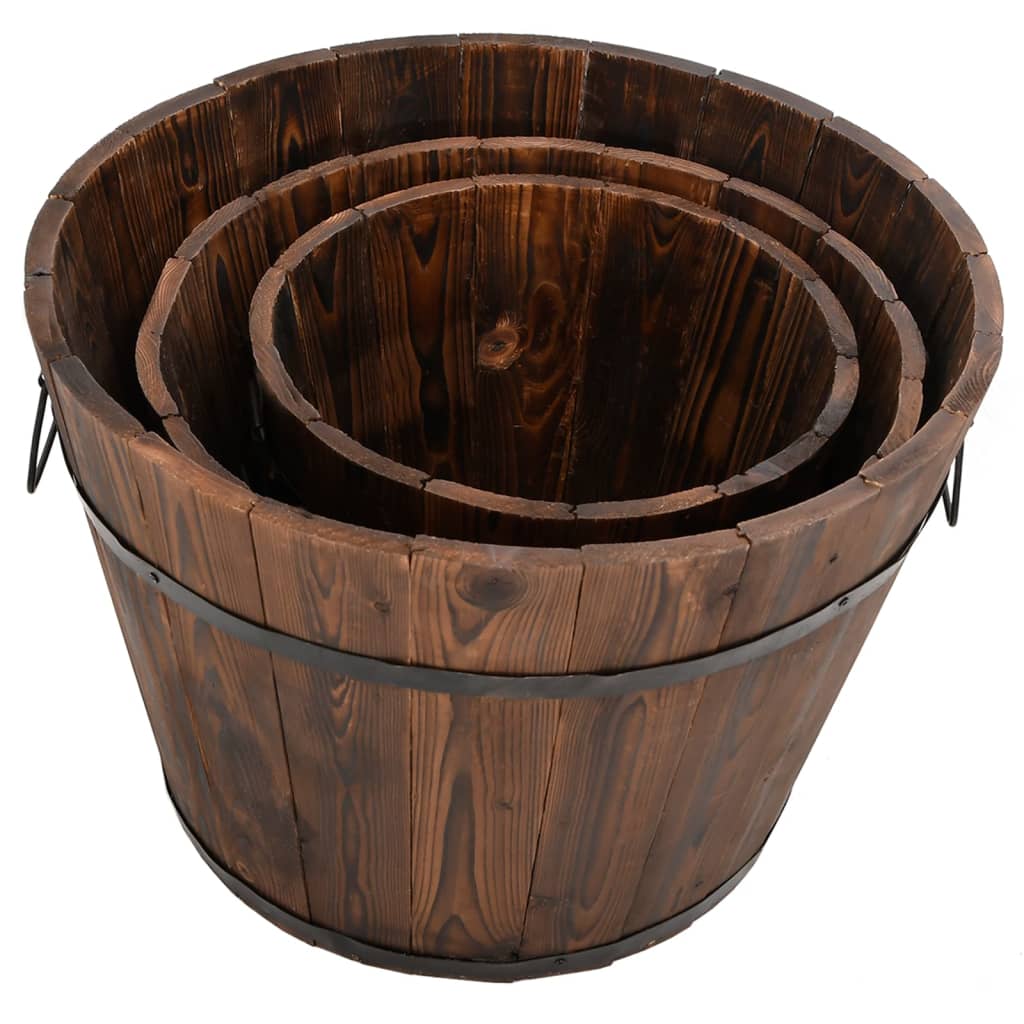 Rustic Trio Wooden Planter Set: Solid Fir Wood Bucket Planters